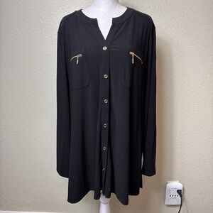 Susan Graver Liquid Knit Tunic Blouse Black Gold Zip Utility Shirt Top 2X